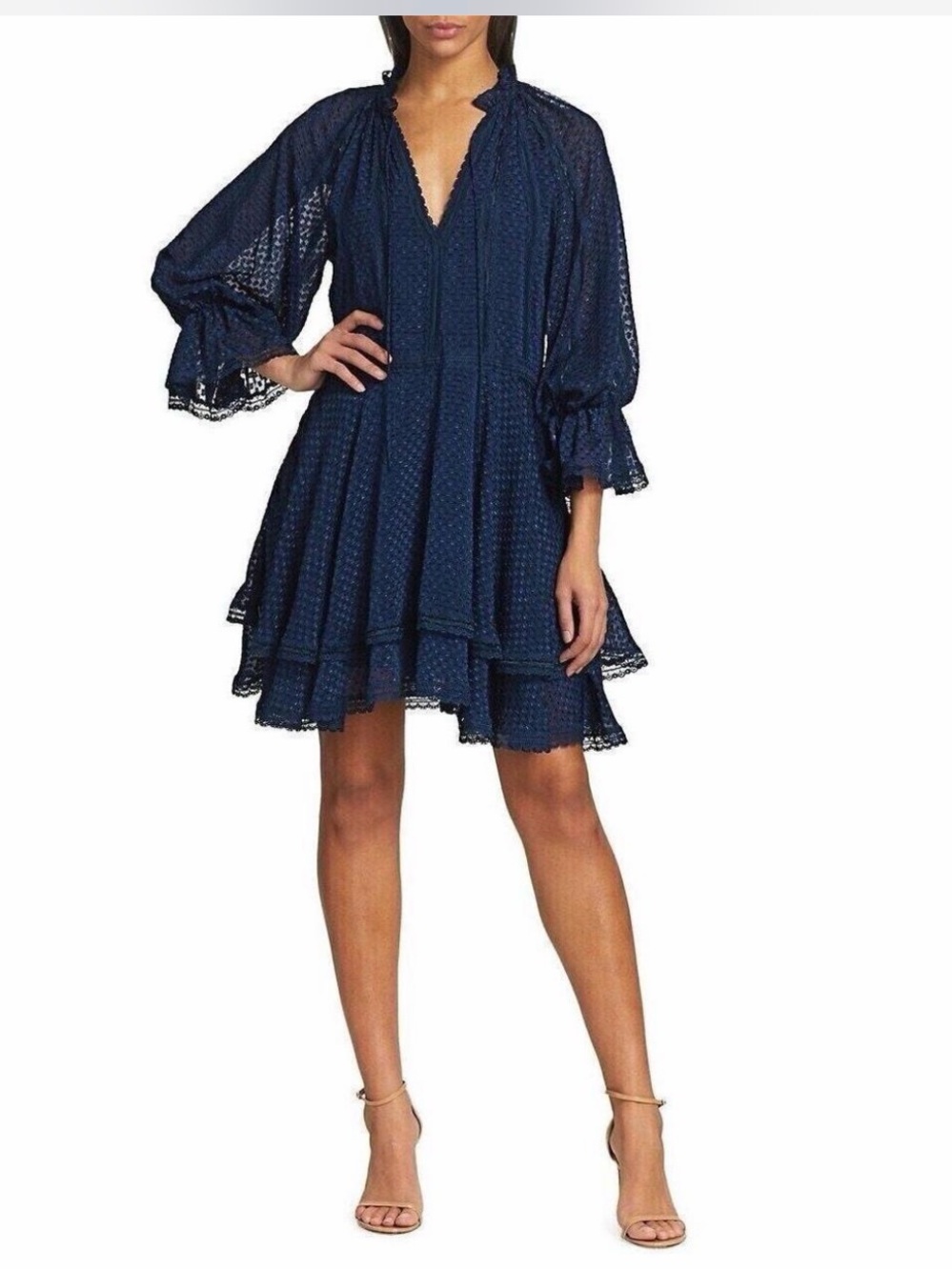 Alice + Olivia Navy Textured V‑Neck Long‑Sleeve Tunic Dress